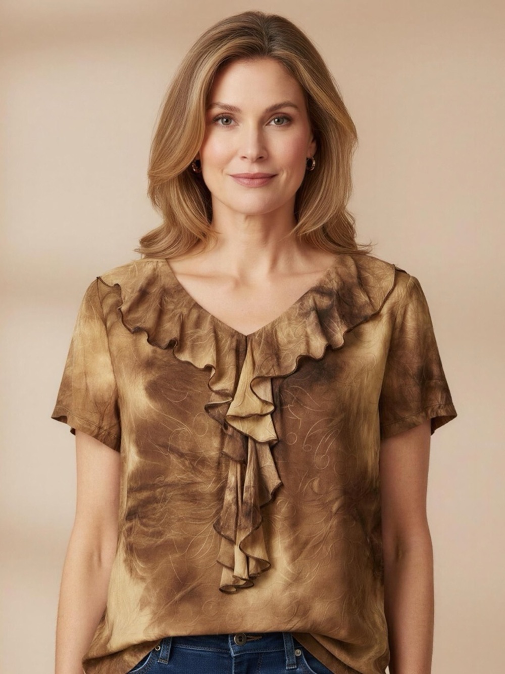 Cato Tie-Dye Short Sleeve Ruffled Blouse